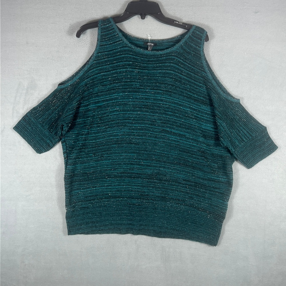 Apt 9 Women Sweater XL Green Striped Cold Shoulder Short Sleeve Sparkle Metallic